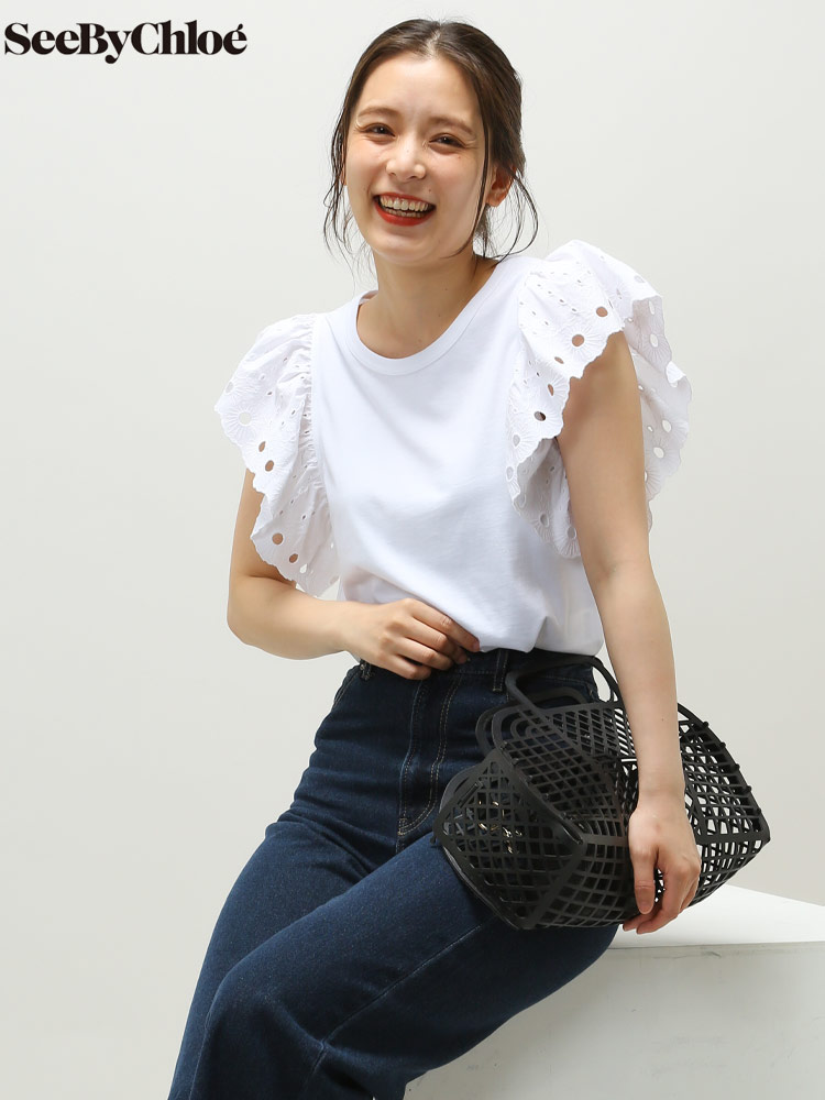 SEE BY CHLOE (シーバイ クロエ) 袖刺繍フリル クルーネック Tシャツ SCCHS22SJH24081 レ【サカゼン公式通販】