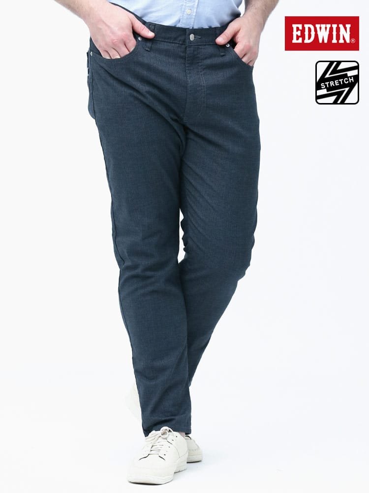 大きいサイズ メンズ EDWIN (エドウィン) 麻混 チェック ジップフライ ストレート ジーンズ 403 COOL