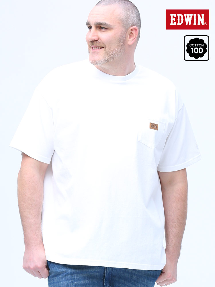 大きいサイズ メンズ EDWIN (エドウィン) ワンポイントロゴ ポケット付き クルーネック 半袖 Tシャツ WHITE