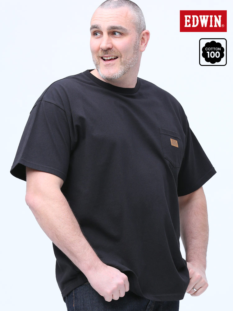 大きいサイズ メンズ EDWIN (エドウィン) ワンポイントロゴ ポケット付き クルーネック 半袖 Tシャツ BLACK