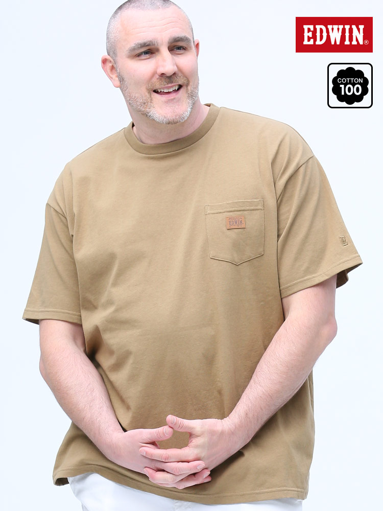 大きいサイズ メンズ EDWIN (エドウィン) ワンポイントロゴ ポケット付き クルーネック 半袖 Tシャツ BEIGE