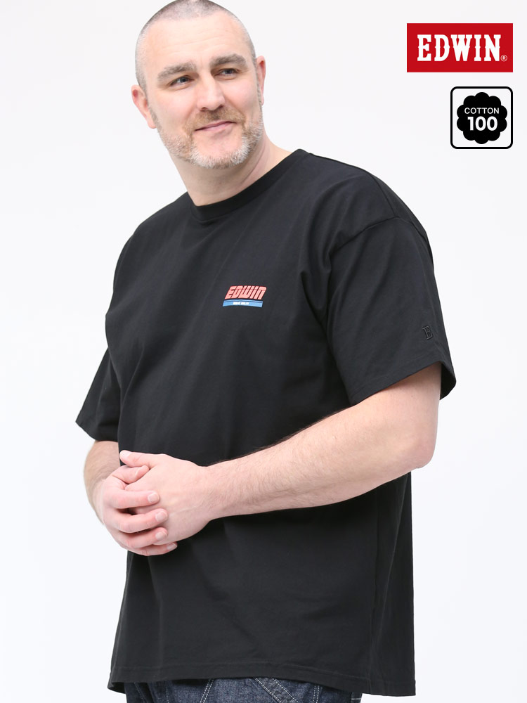 大きいサイズ メンズ EDWIN (エドウィン) バックプリント クルーネック 半袖 Tシャツ BLACK