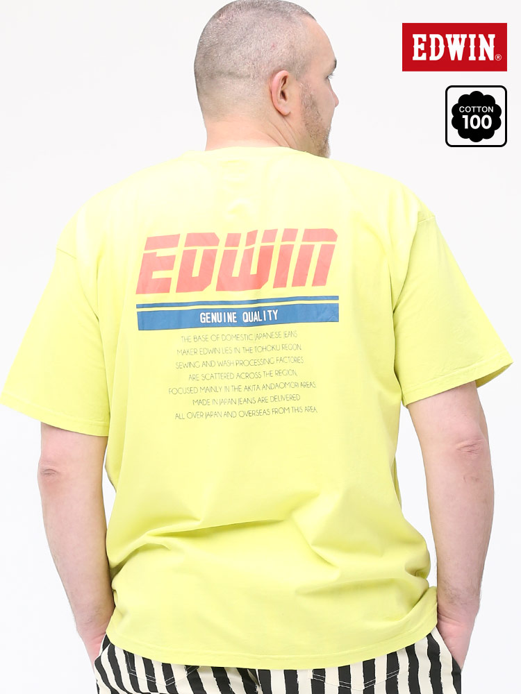 大きいサイズ メンズ EDWIN (エドウィン) バックプリント クルーネック 半袖 Tシャツ LIME