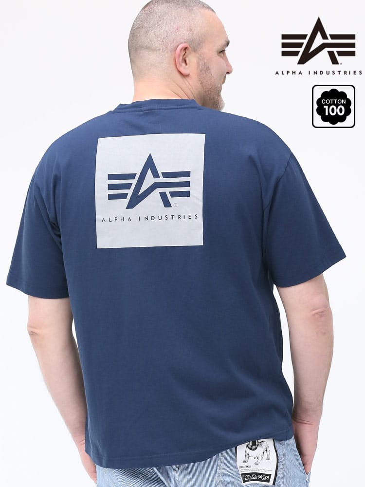 大きいサイズ メンズ ALPHA INDUSTRIES INC (アルファインダストリーズ) バックプリント BOXロゴ クルーネック 半袖 Tシャツ NAVY