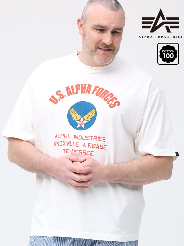 大きいサイズ メンズ ALPHA INDUSTRIES INC (アルファインダストリーズ) 綿100％ プリント クルーネック 半袖 Tシャツ U.S.A.F WHITE