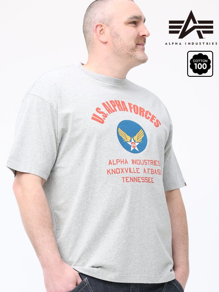 大きいサイズ メンズ ALPHA INDUSTRIES INC (アルファインダストリーズ) 綿100％ プリント クルーネック 半袖 Tシャツ U.S.A.F H.GRAY