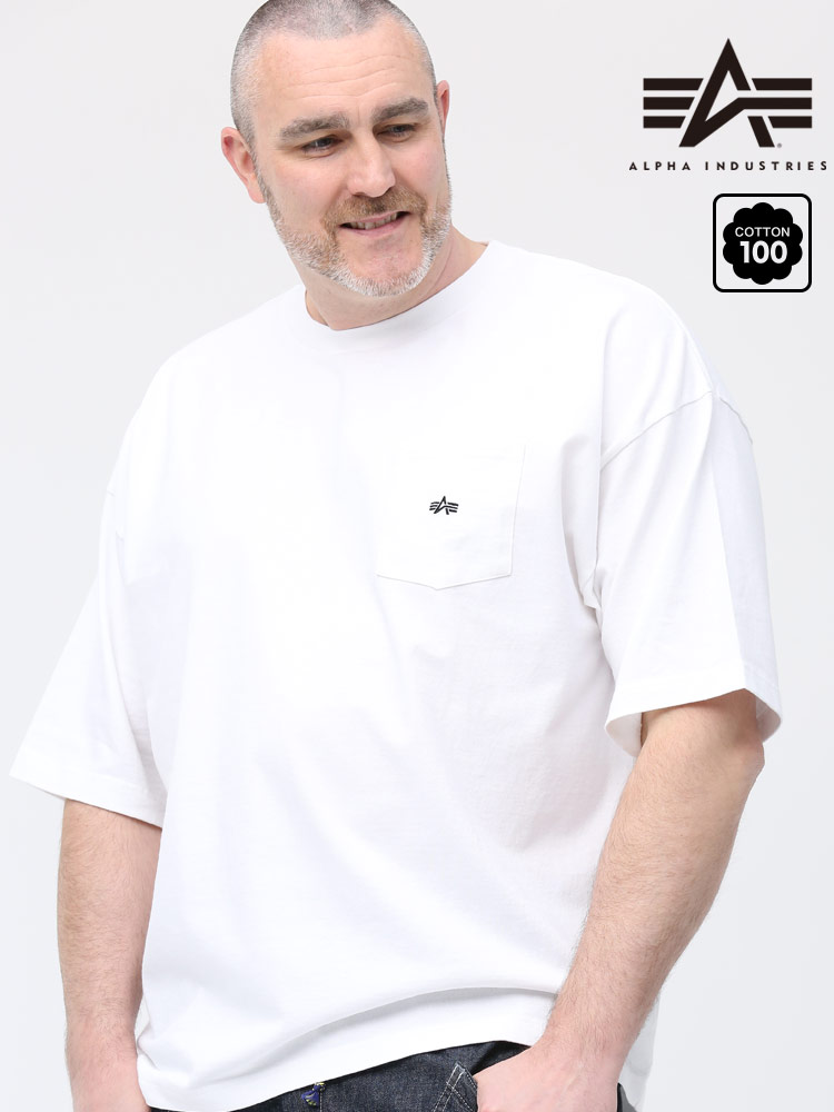大きいサイズ メンズ ALPHA INDUSTRIES INC (アルファインダストリーズ) USAコットン ワンポイント ポケット クルーネック 半袖 Tシャツ WHITE