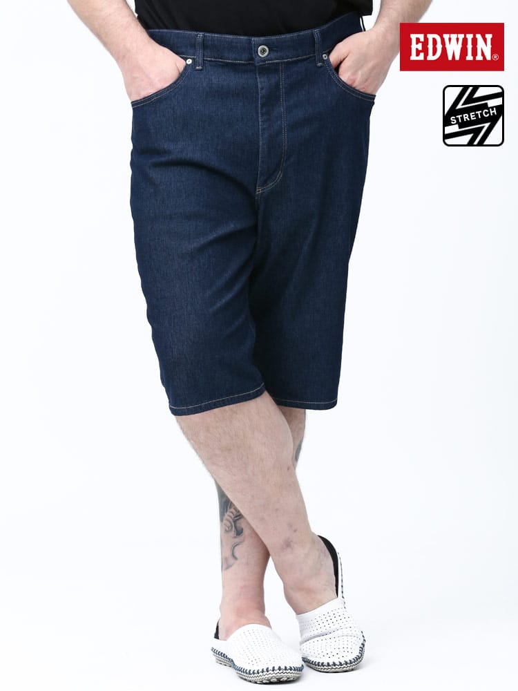 大きいサイズ メンズ EDWIN (エドウィン) JERSEYS ストレッチ ジップフライ ストレート デニム ショートパンツ ONEWASH
