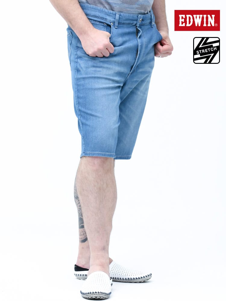 大きいサイズ メンズ EDWIN (エドウィン) JERSEYS ストレッチ ジップフライ ストレート デニム ショートパンツ 濃色USED