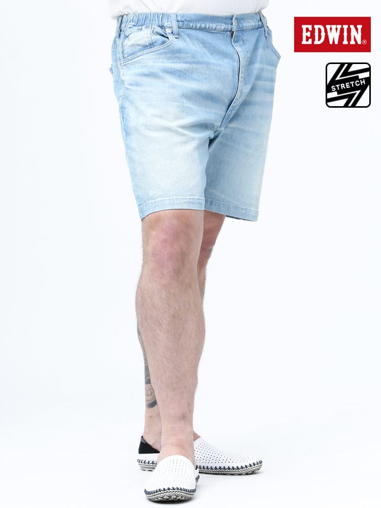 大きいサイズ メンズ EDWIN (エドウィン) ストレッチ ウエストゴム ジップフライ デニム ショートパンツ 淡色USED