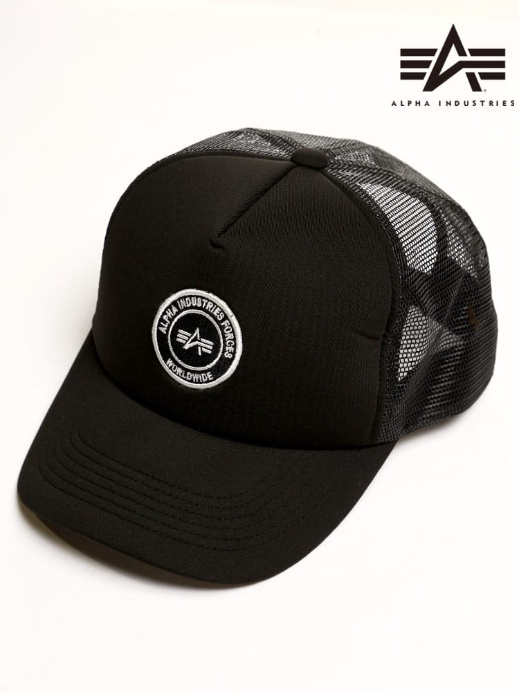 大きいサイズ メンズ ALPHA INDUSTRIES INC (アルファインダストリーズ) ロゴワッペン メッシュ キャップ BLACK