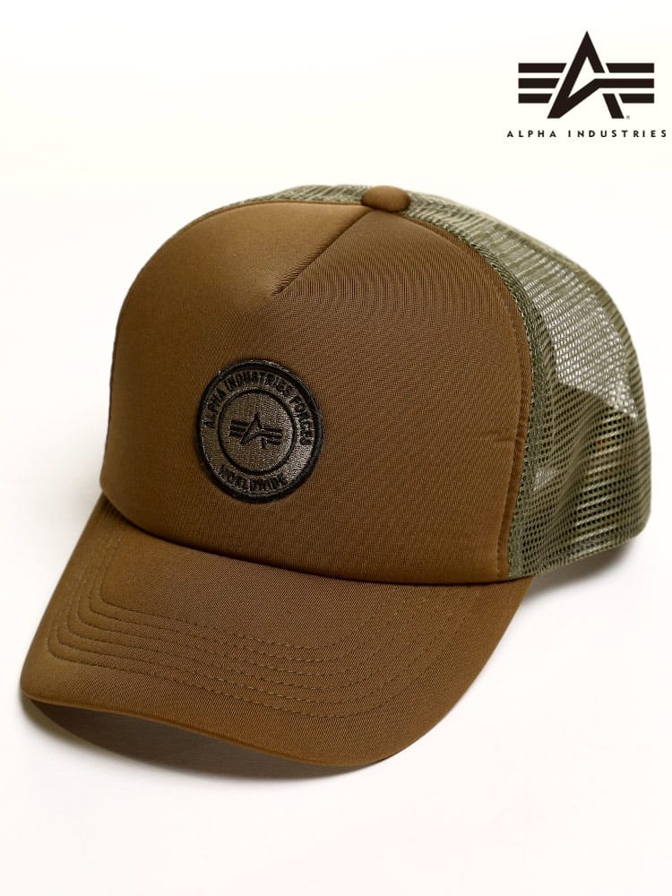 大きいサイズ メンズ ALPHA INDUSTRIES INC (アルファインダストリーズ) ロゴワッペン メッシュ キャップ OLIVE