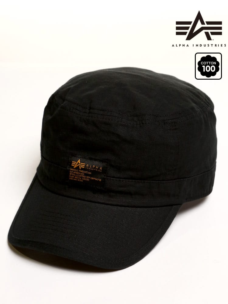 大きいサイズ メンズ ALPHA INDUSTRIES INC (アルファインダストリーズ) ロゴ コットン ミリタリー ワークキャップ BLACK