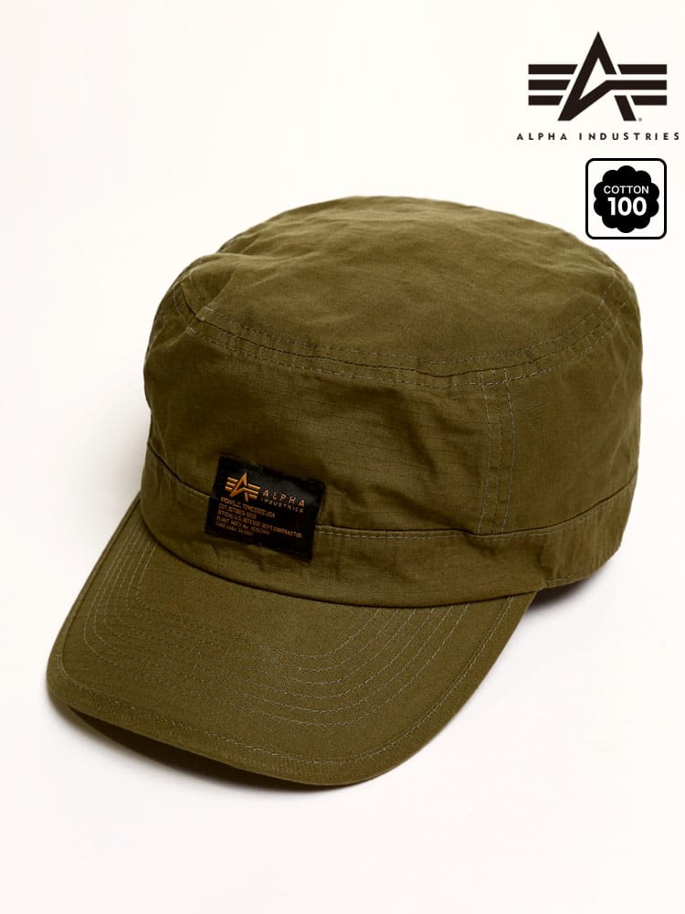 大きいサイズ メンズ ALPHA INDUSTRIES INC (アルファインダストリーズ) ロゴ コットン ミリタリー ワークキャップ OLIVE