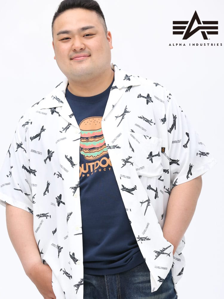 大きいサイズ メンズ ALPHA INDUSTRIES INC (アルファインダストリーズ) レーヨン エアライン ポケット オープンカラー 半袖 シャツ WHITE