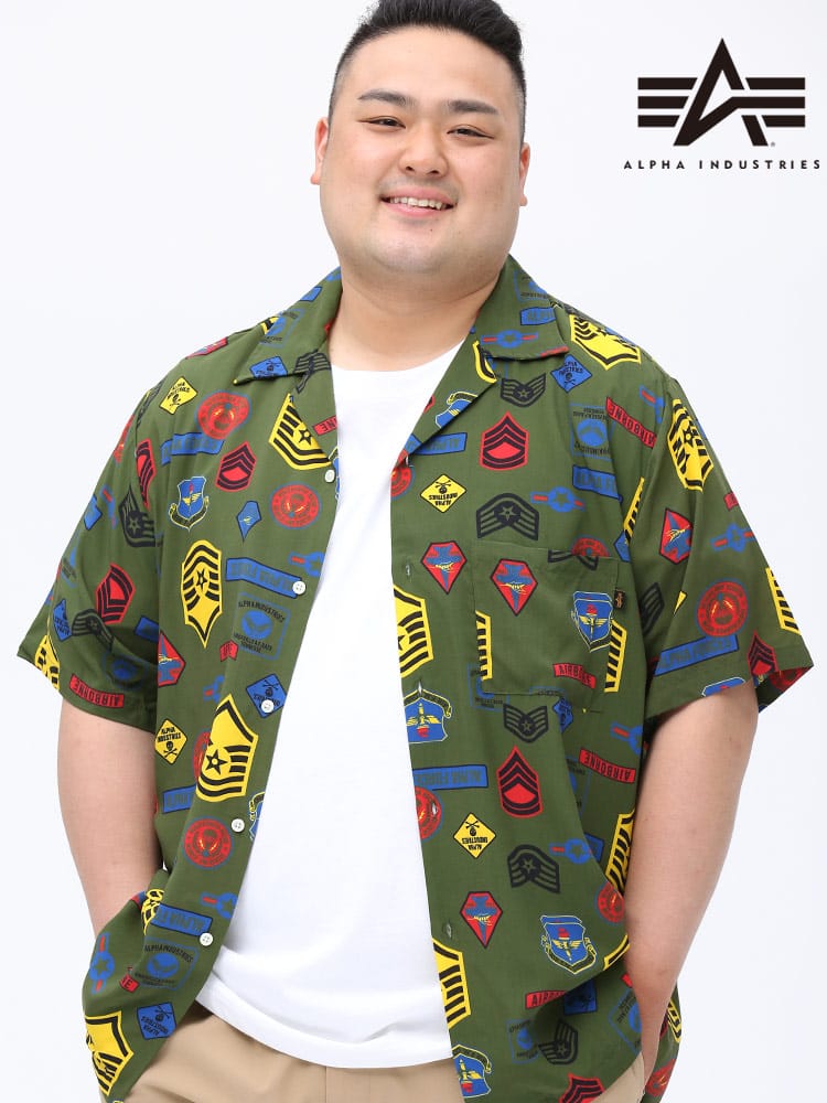 大きいサイズ メンズ ALPHA INDUSTRIES INC (アルファインダストリーズ) レーヨン バッジ ポケット オープンカラー 半袖 シャツ KHAKI