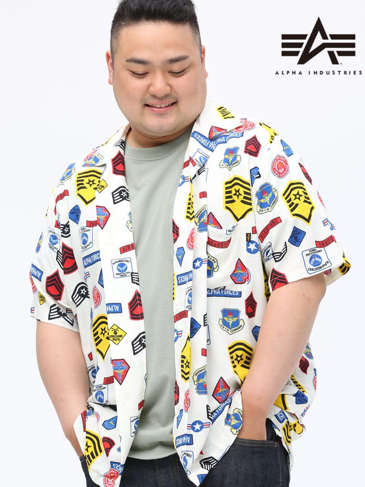 大きいサイズ メンズ ALPHA INDUSTRIES INC (アルファインダストリーズ) レーヨン バッジ ポケット オープンカラー 半袖 シャツ WHITE