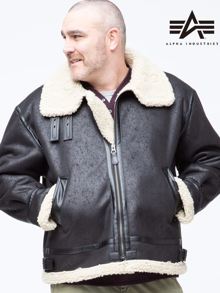 大きいサイズ メンズ ALPHA INDUSTRIES INC (アルファインダストリーズ) 裏ボア フェイクレザー フルジップ ジャケット B-3 FAKE MOUTON