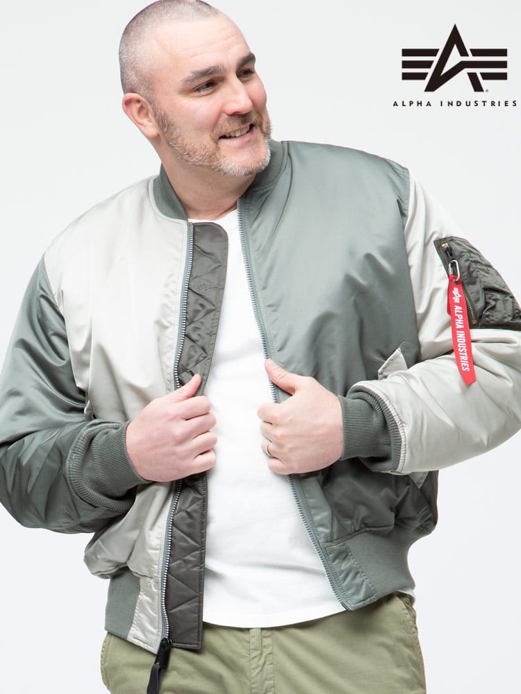 大きいサイズ メンズ ALPHA INDUSTRIES INC (アルファインダストリーズ) リバーシブル 切り替え フルジップ 中綿 ジャケット MA-1 COLOR BLOCKED CORE SPEC