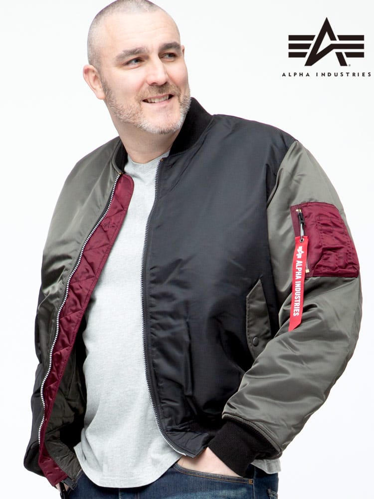 大きいサイズ メンズ ALPHA INDUSTRIES INC (アルファインダストリーズ) リバーシブル 切り替え フルジップ 中綿 ジャケット MA-1 COLOR BLOCKED CORE SPEC