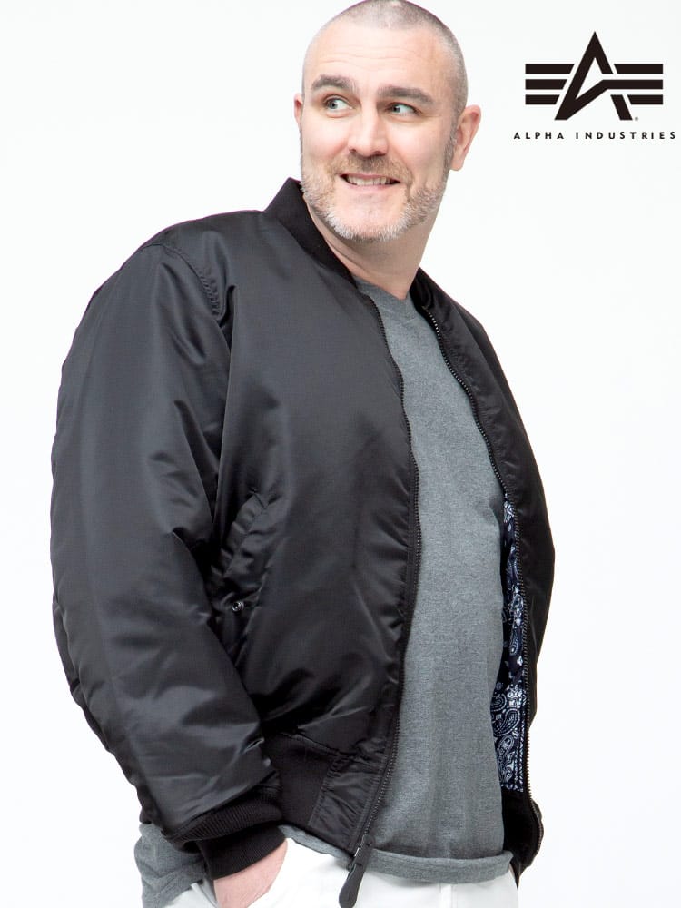 大きいサイズ メンズ ALPHA INDUSTRIES INC (アルファインダストリーズ) リバーシブル 無地×ペイズリー フルジップ 中綿 ジャケット MA-1 PRINTED LINING CORE SPEC