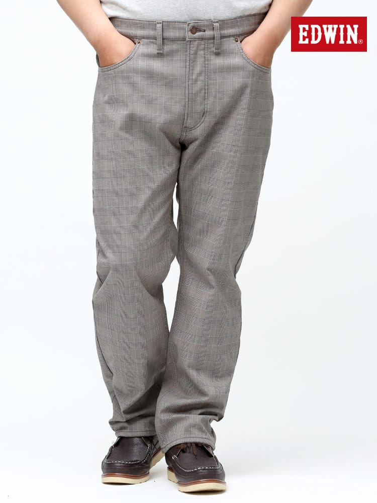 大きいサイズ メンズ EDWIN (エドウィン) 裏起毛 ストレッチ チェック柄 ジップフライ パンツ WILD FIRE BROWN 36