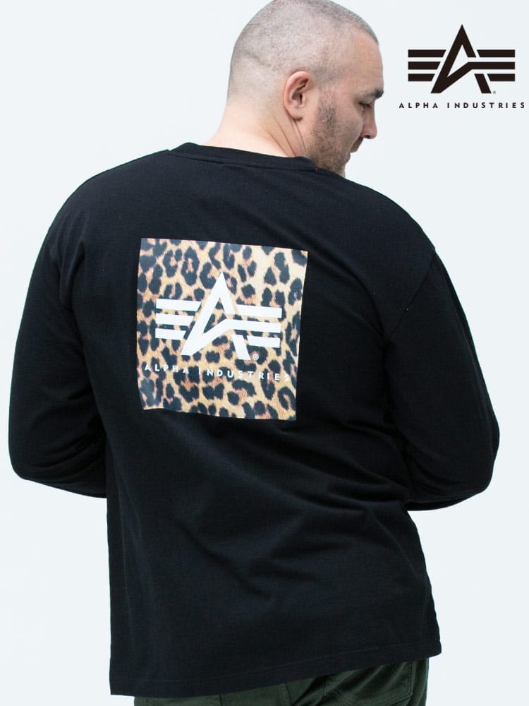 大きいサイズ メンズ ALPHA INDUSTRIES INC (アルファインダストリーズ) BOXアニマルプリント クルーネック 長袖 Tシャツ ロンT BLACK