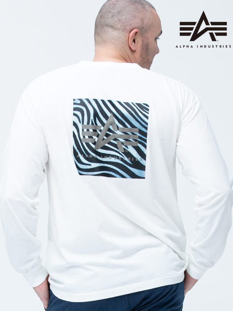 大きいサイズ メンズ ALPHA INDUSTRIES INC (アルファインダストリーズ) BOXアニマルプリント クルーネック 長袖 Tシャツ ロンT WHITE
