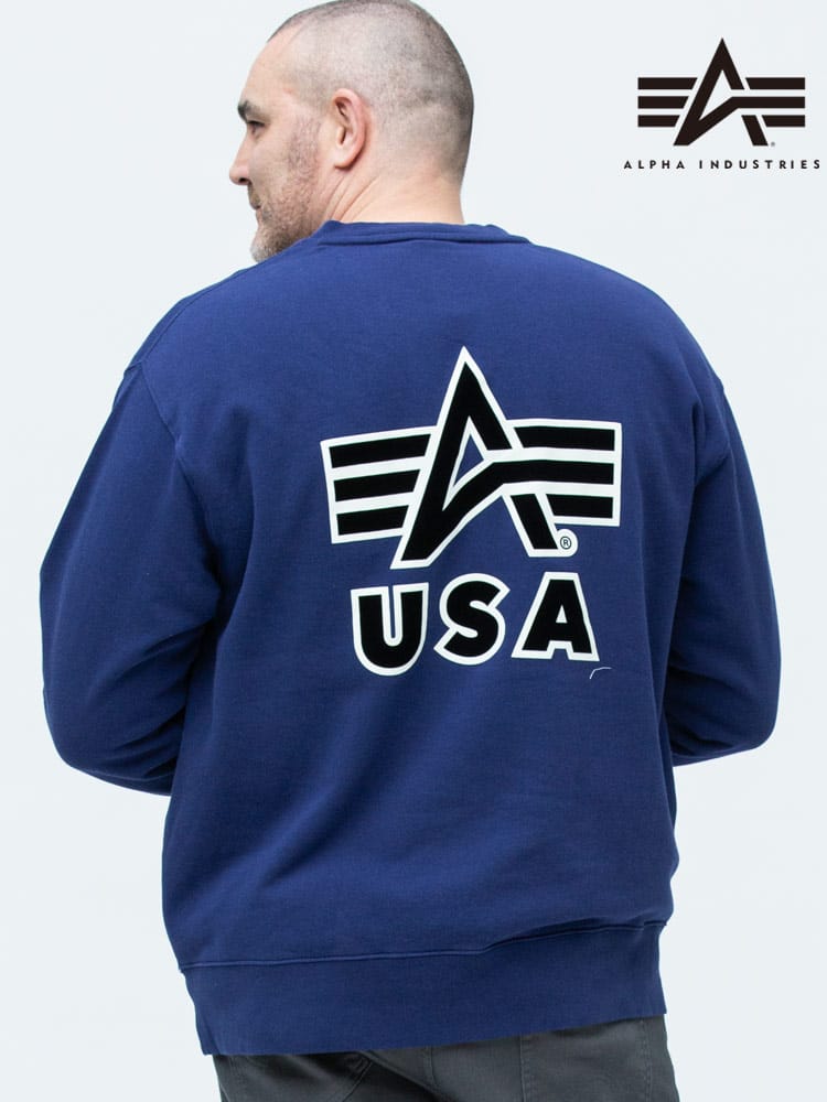 大きいサイズ メンズ ALPHA INDUSTRIES INC (アルファインダストリーズ) 裏起毛 バックロゴ クルーネック スウェット トレーナー NAVY