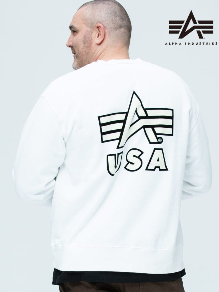 大きいサイズ メンズ ALPHA INDUSTRIES INC (アルファインダストリーズ) 裏起毛 バックロゴ クルーネック スウェット トレーナー WHITE