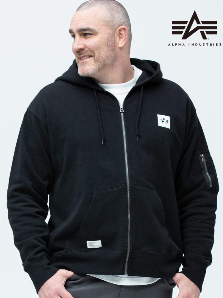 大きいサイズ メンズ ALPHA INDUSTRIES INC (アルファインダストリーズ) 裏起毛 BOXロゴ フルジップ パーカー BLACK