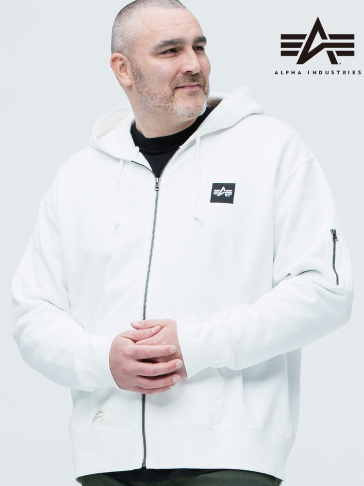 大きいサイズ メンズ ALPHA INDUSTRIES INC (アルファインダストリーズ) 裏起毛 BOXロゴ フルジップ パーカー WHITE