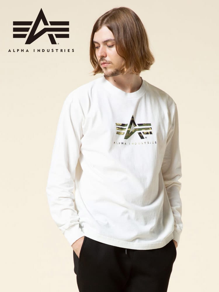 ALPHA INDUSTRIES INC (アルファインダストリーズ) 綿100％ 迷彩 A-MARK クルーネック 長袖 Tシャツ