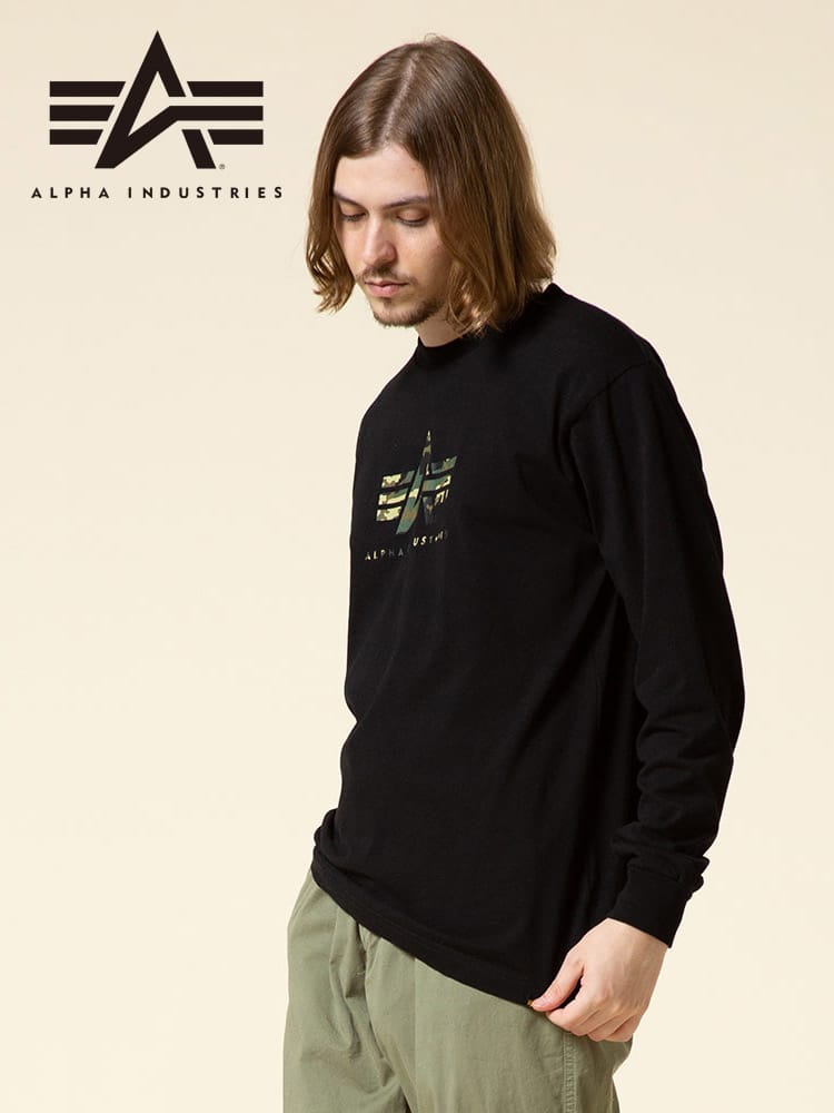 ALPHA INDUSTRIES INC (アルファインダストリーズ) 綿100％ 迷彩 A-MARK クルーネック 長袖 Tシャツ
