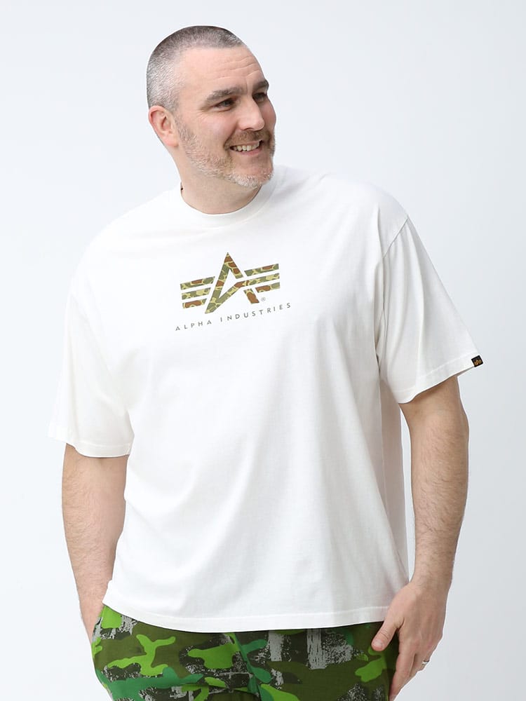 大きいサイズ メンズ ALPHA INDUSTRIES INC (アルファインダストリーズ) 迷彩 A-MARK プリント クルーネック 半袖 Tシャツ