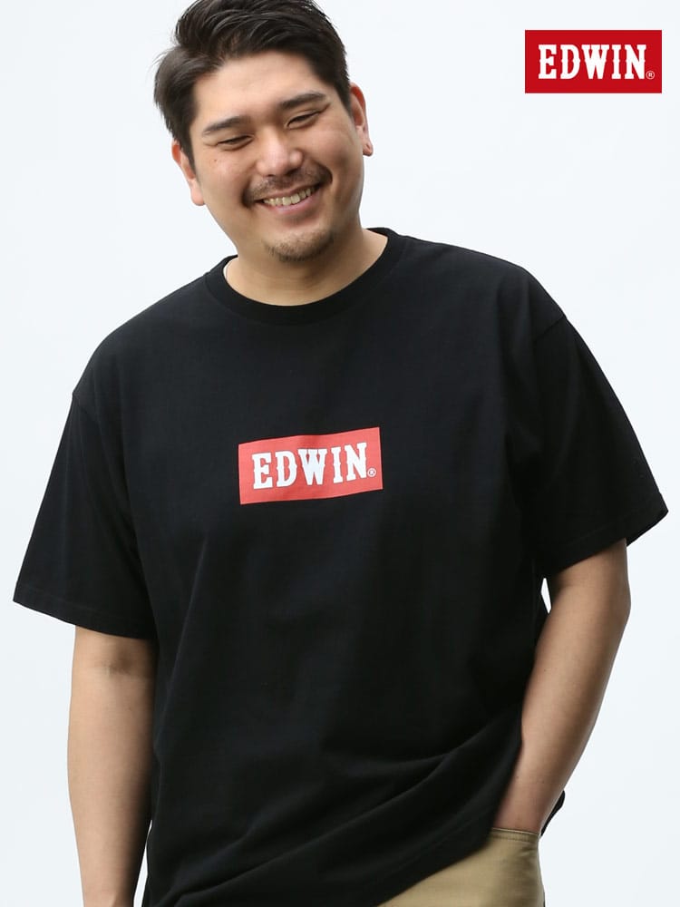 大きいサイズ メンズ EDWIN (エドウィン) 綿100％ BOXロゴ クルーネック 半袖 Tシャツ