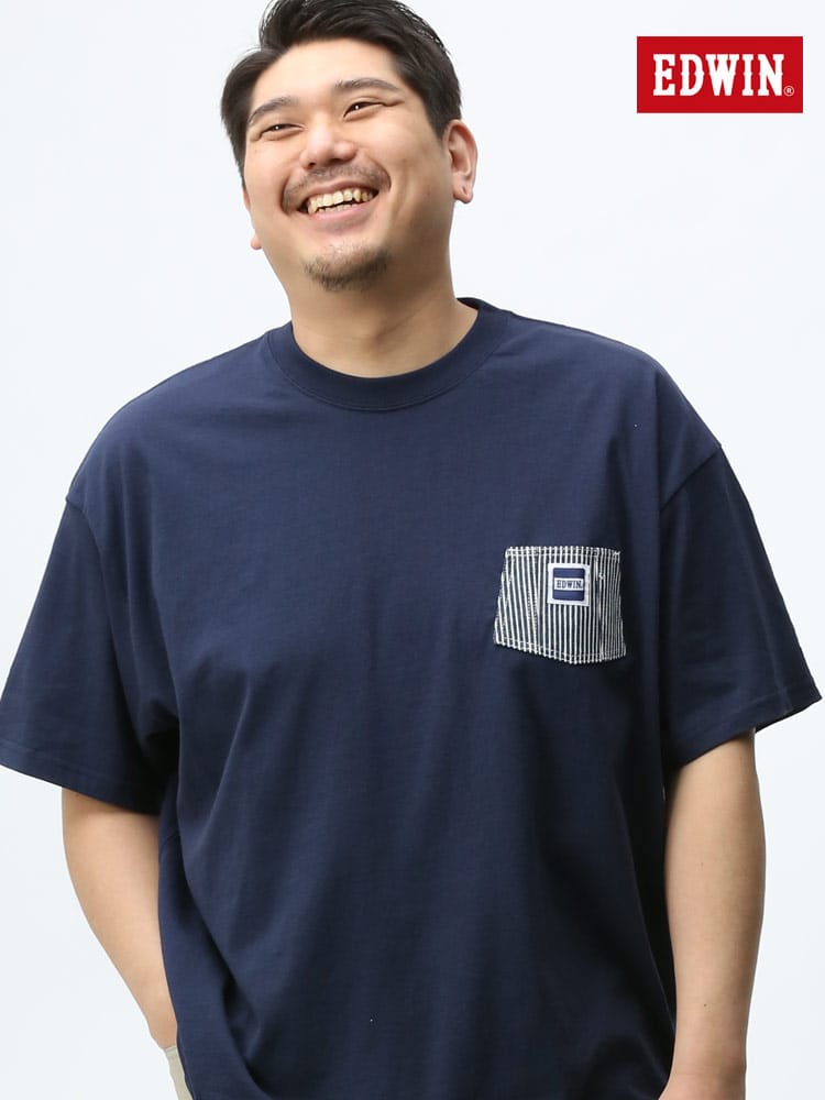 大きいサイズ メンズ EDWIN (エドウィン) 綿100％ ヒッコリーポケット クルーネック 半袖 Tシャツ