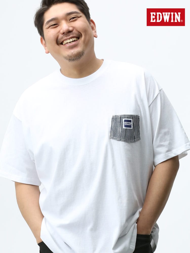 大きいサイズ メンズ EDWIN (エドウィン) 綿100％ ヒッコリーポケット クルーネック 半袖 Tシャツ