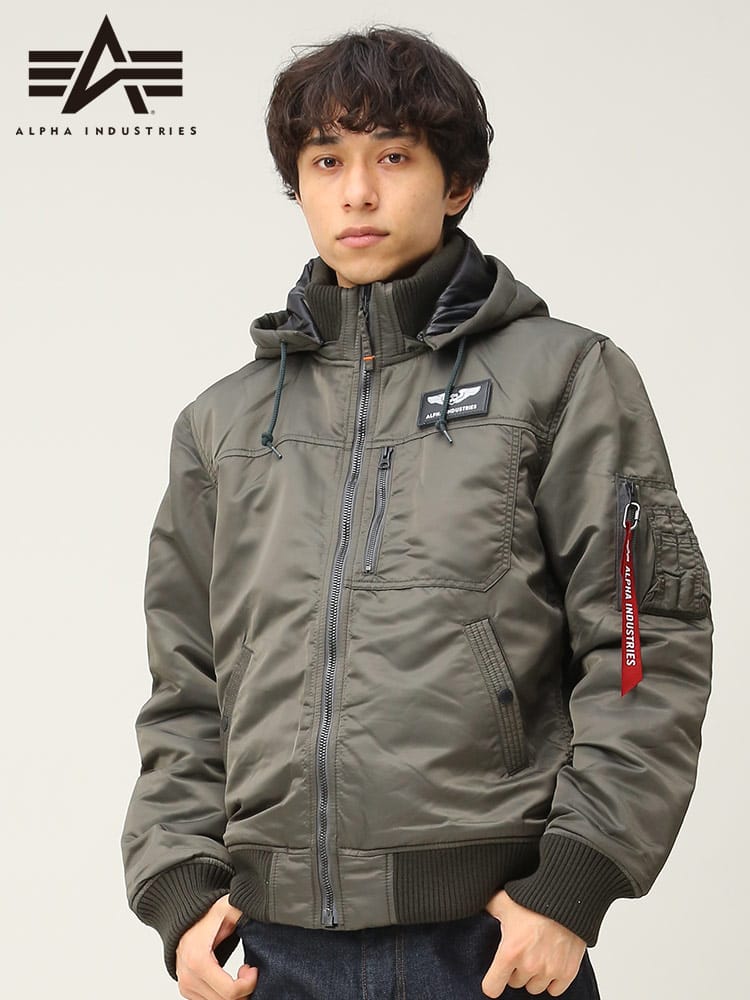 ALPHA INDUSTRIES INC (アルファインダストリーズ) THERMOLITE フード着脱 リブ フルジップ ジャケット ブルゾン TA1571