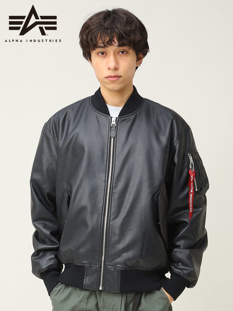 ALPHA INDUSTRIES INC (アルファインダストリーズ) フェイクレザー フルジップ ジャケット ブルゾン ミリタリー MA-1 TA1615
