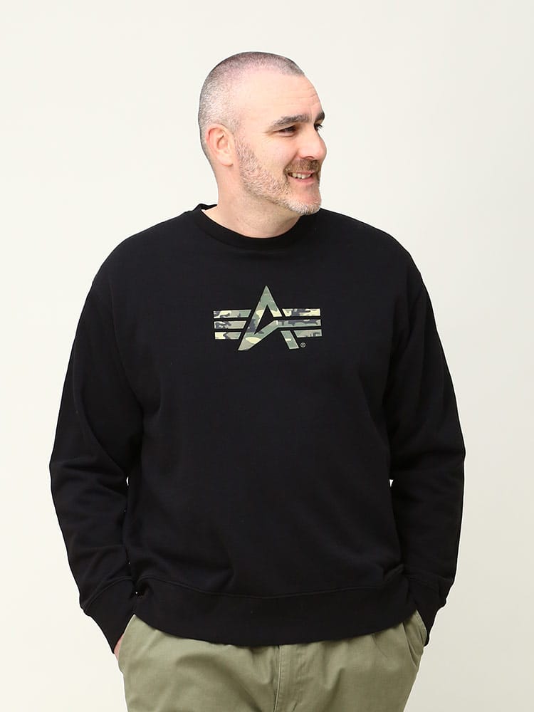 在庫処分 返品交換不可 大きいサイズ メンズ ALPHA INDUSTRIES INC (アルファインダストリーズ) 裏起毛 迷彩マーク クルーネック スウェット トレーナー