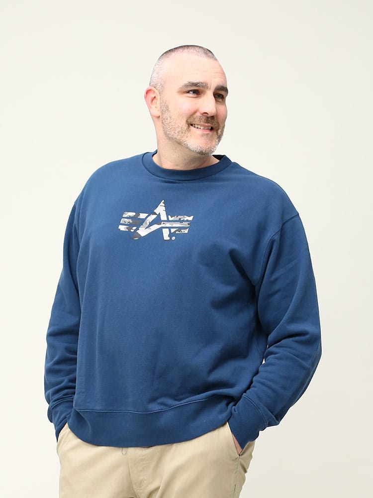 大きいサイズ メンズ ALPHA INDUSTRIES INC (アルファインダストリーズ) 裏起毛 迷彩マーク クルーネック スウェット トレーナー