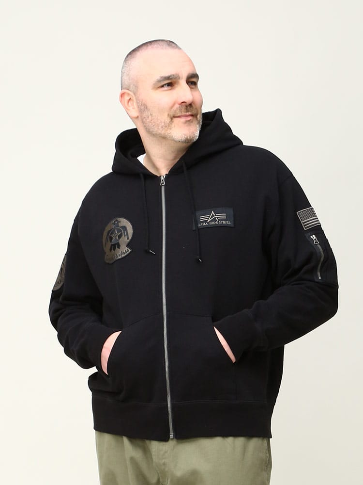 大きいサイズ メンズ ALPHA INDUSTRIES INC (アルファインダストリーズ) 裏起毛 ワッペン フルジップ パーカー