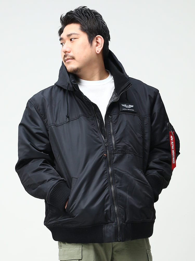 大きいサイズ メンズ ALPHA INDUSTRIES INC (アルファインダストリーズ) THERMOLITE フード着脱 リブ フルジップ ジャケット HOODED RIB JACKET