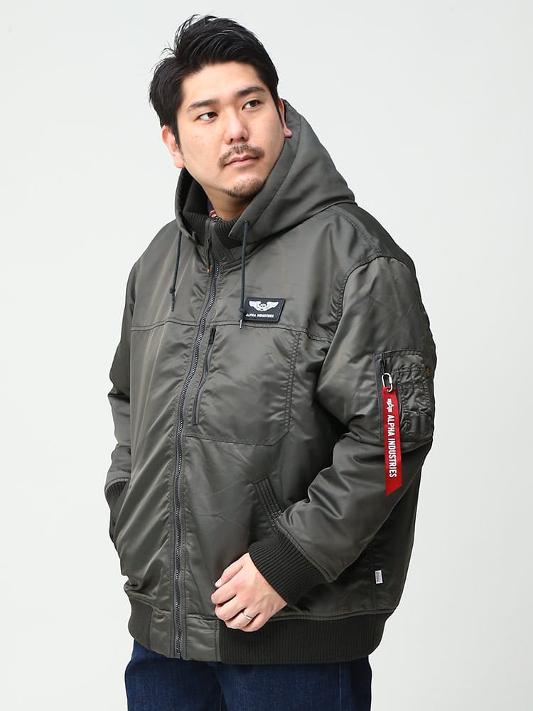 大きいサイズ メンズ ALPHA INDUSTRIES INC (アルファインダストリーズ) THERMOLITE フード着脱 リブ フルジップ ジャケット HOODED RIB JACKET