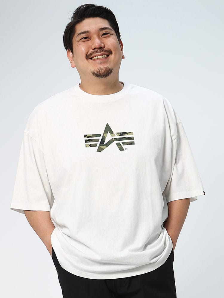 大きいサイズ メンズ ALPHA INDUSTRIES INC (アルファインダストリーズ) ロゴプリント クルーネック 半袖 Tシャツ A-MARK WOODLAND PRINT