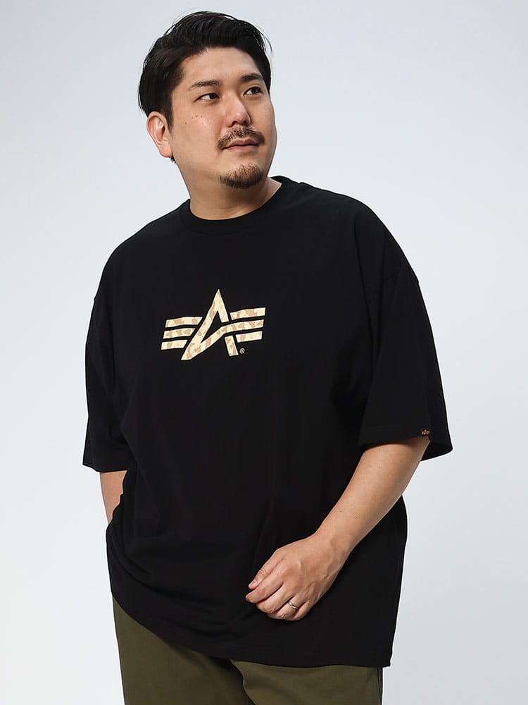 大きいサイズ メンズ ALPHA INDUSTRIES INC (アルファインダストリーズ) ロゴプリント クルーネック 半袖 Tシャツ A-MARK WOODLAND PRINT
