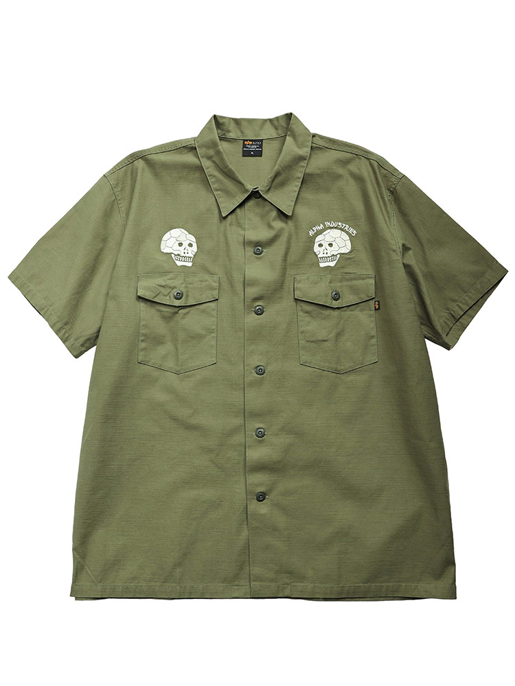 半袖 コットンシャツ スカル刺繍 ポケット付き トップス シャツ ワークシャツ 大きいサイズ メンズ