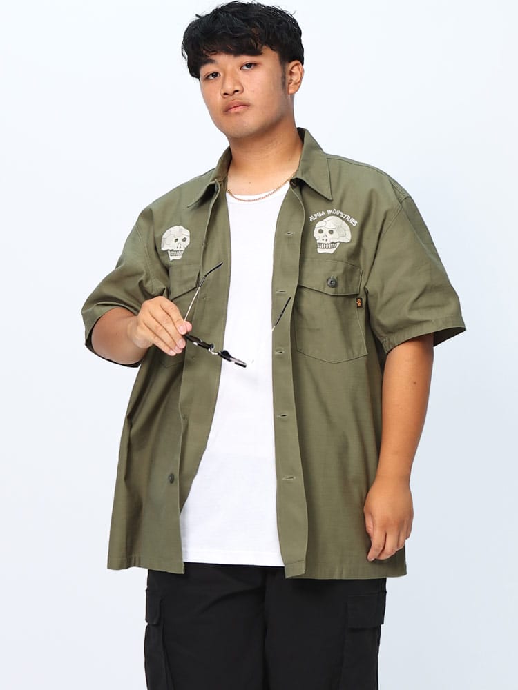 半袖 コットンシャツ スカル刺繍 ポケット付き トップス シャツ ワークシャツ 大きいサイズ メンズ