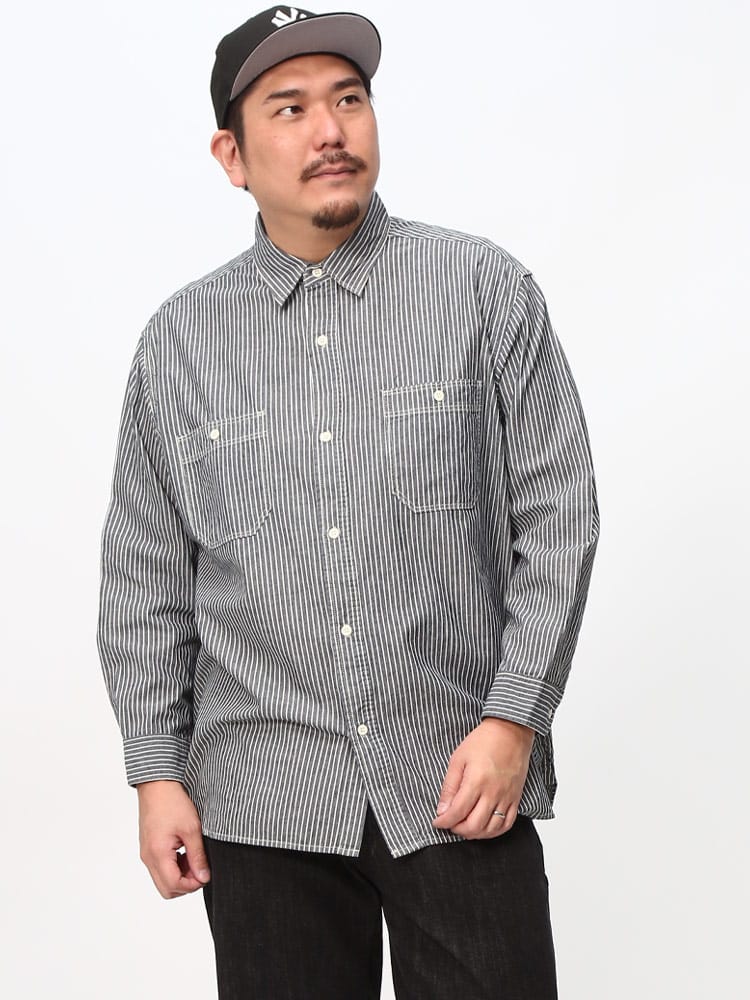 在庫処分 返品交換不可 EDWIN エドウィン ワークシャツ デニムシャツ アメカジ ヒッコリー 胸ポケット 長袖 大きいサイズ メンズ ET2138-942